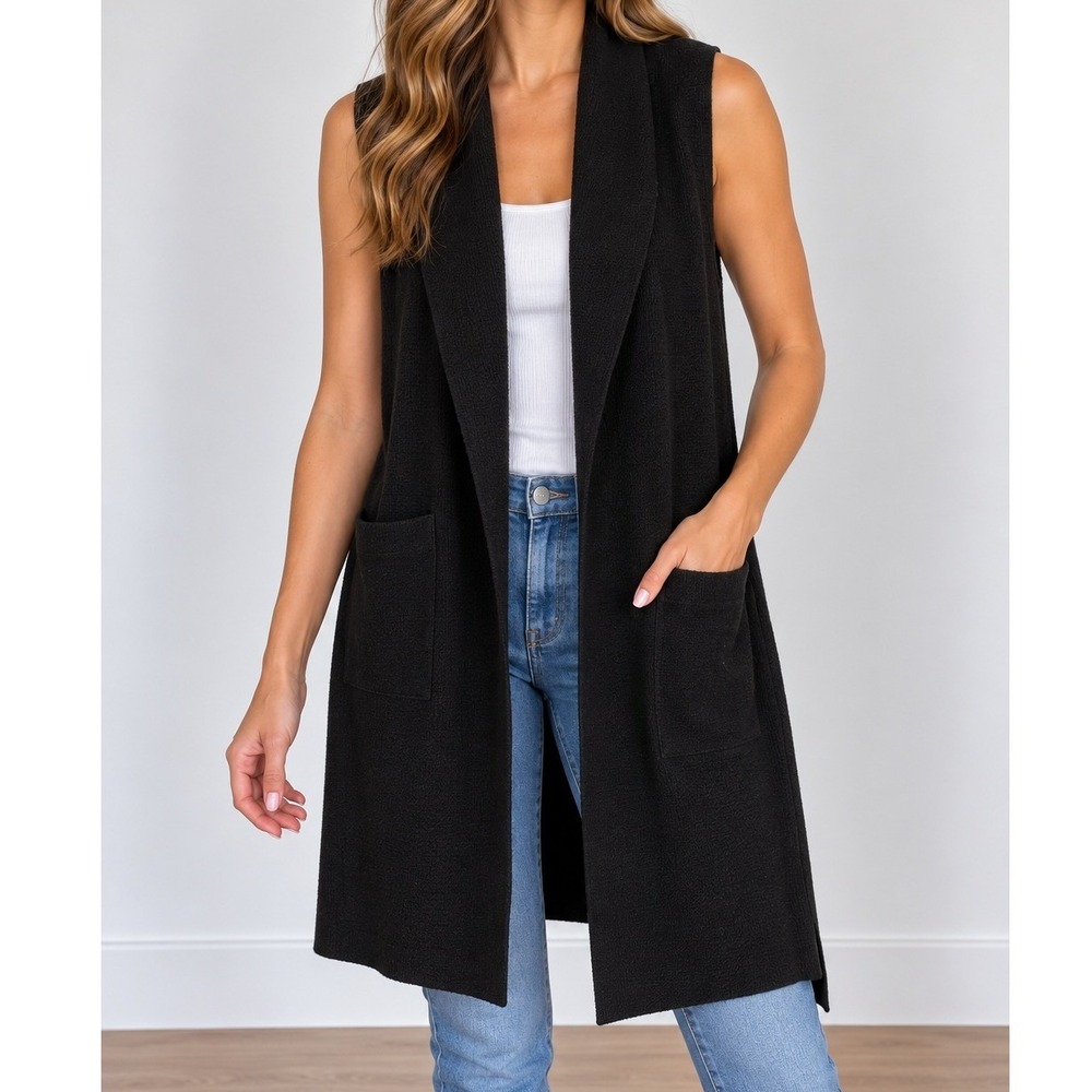 Eileen Fisher Wool Open Front Shawl Vest Quiet Luxury Scandi Neutral Old Money